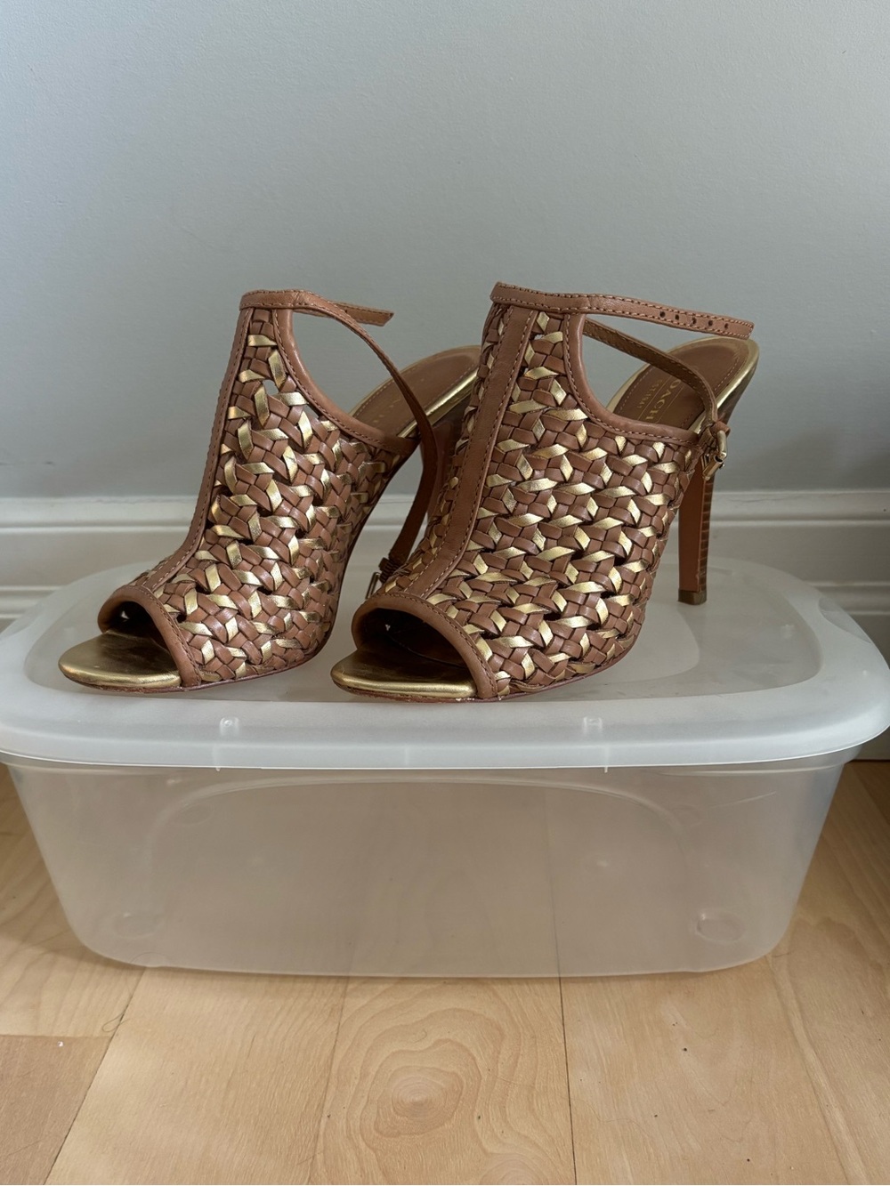 Coach Women's Braided Gold-Tan Leather Heel Sandals